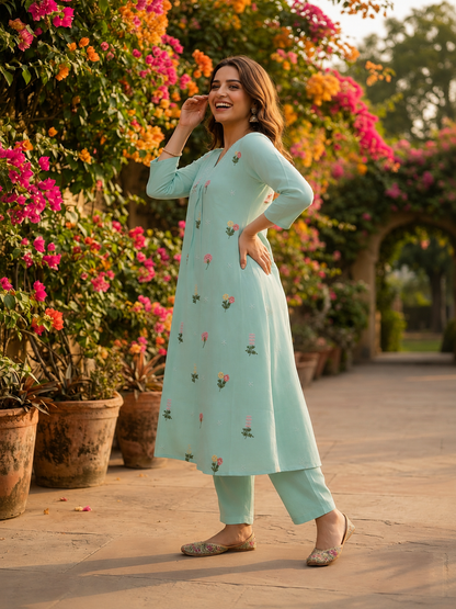 Ice Blue Solid Chanderi Silk A-Line Kurta Set with Floral Thread Embroidery, Beadwork, Pant & Scalloped Dupatta