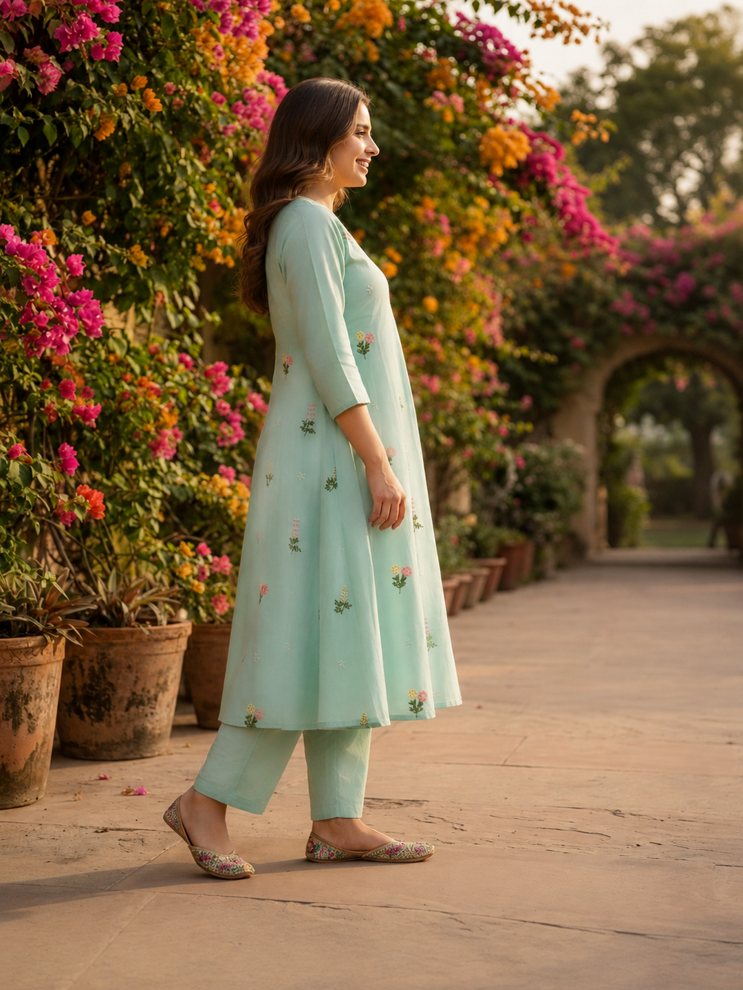 Ice Blue Solid Chanderi Silk A-Line Kurta Set with Floral Thread Embroidery, Beadwork, Pant & Scalloped Dupatta