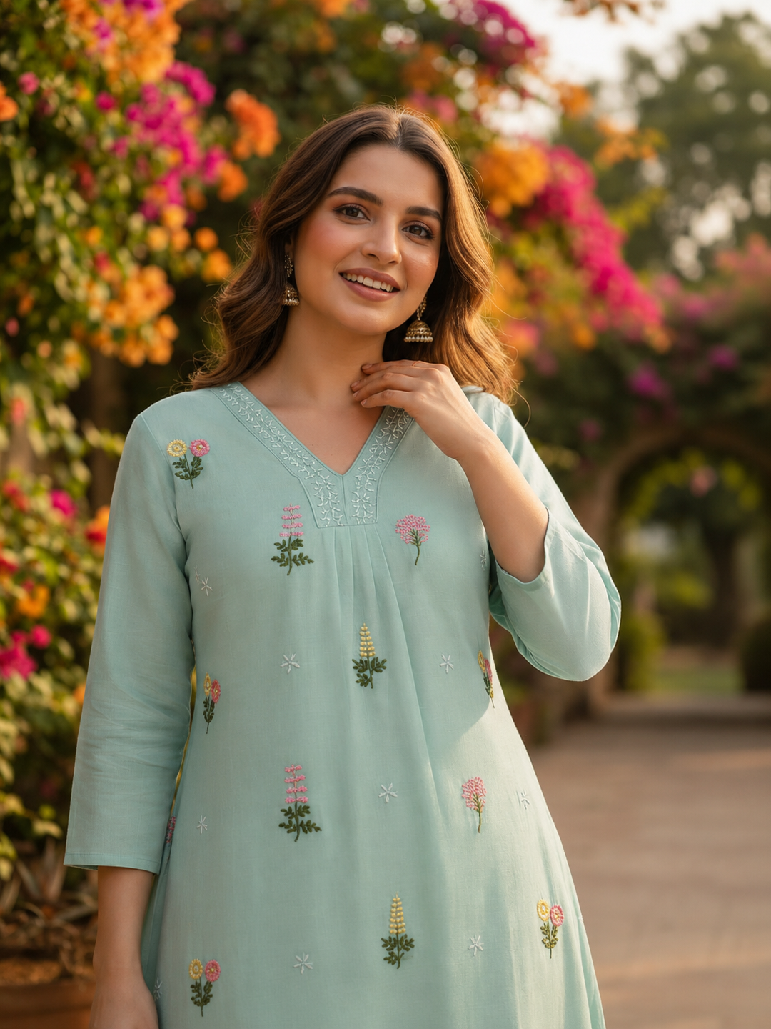 Ice Blue Solid Chanderi Silk A-Line Kurta Set with Floral Thread Embroidery, Beadwork, Pant & Scalloped Dupatta
