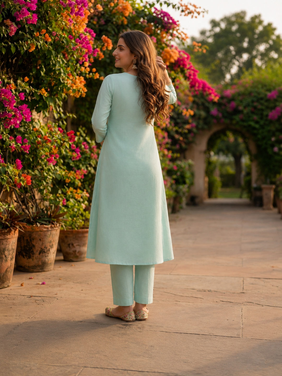 Ice Blue Solid Chanderi Silk A-Line Kurta Set with Floral Thread Embroidery, Beadwork, Pant & Scalloped Dupatta