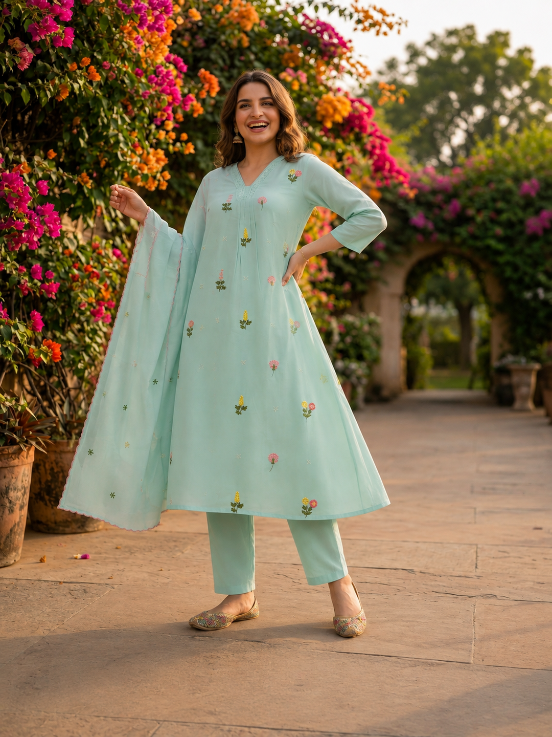 Ice Blue Solid Chanderi Silk A-Line Kurta Set with Floral Thread Embroidery, Beadwork, Pant & Scalloped Dupatta