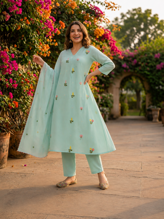 Ice Blue Solid Chanderi Silk A-Line Kurta Set with Floral Thread Embroidery, Beadwork, Pant & Scalloped Dupatta