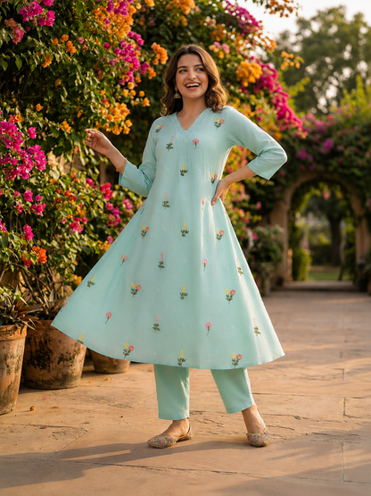 Ice Blue Solid Chanderi Silk A-Line Kurta Set with Floral Thread Embroidery, Beadwork, Pant & Scalloped Dupatta