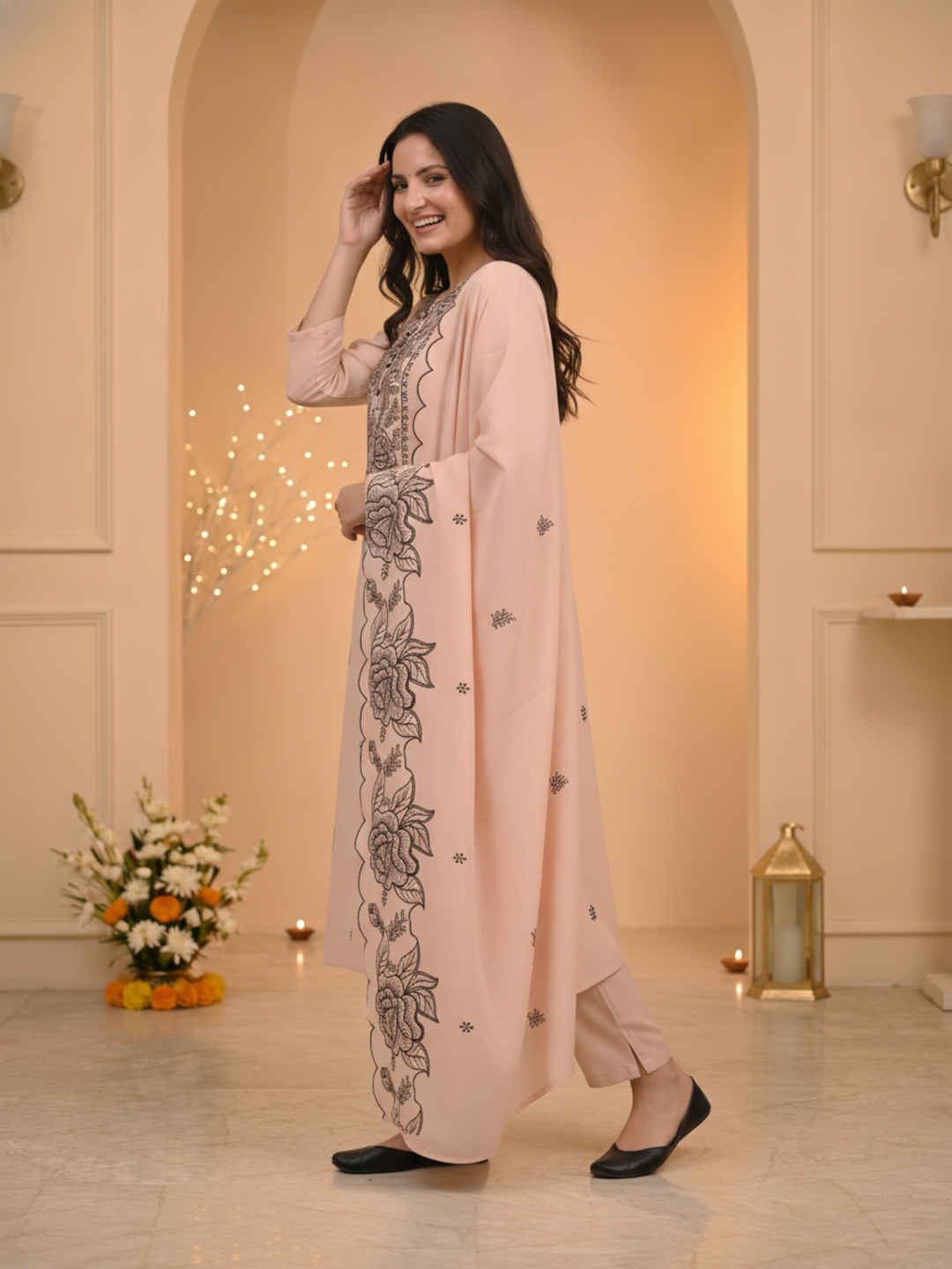 Taupe Solid Muslin Silk Straight Kurta Set with Floral Embroidered Yoke, Palazzo & Cutwork Dupatta