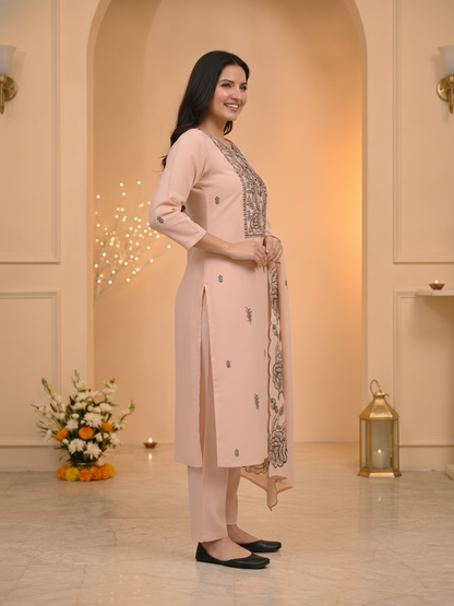 Taupe Solid Muslin Silk Straight Kurta Set with Floral Embroidered Yoke, Palazzo & Cutwork Dupatta
