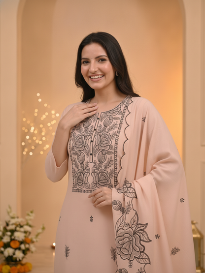 Taupe Solid Muslin Silk Straight Kurta Set with Floral Embroidered Yoke, Palazzo & Cutwork Dupatta