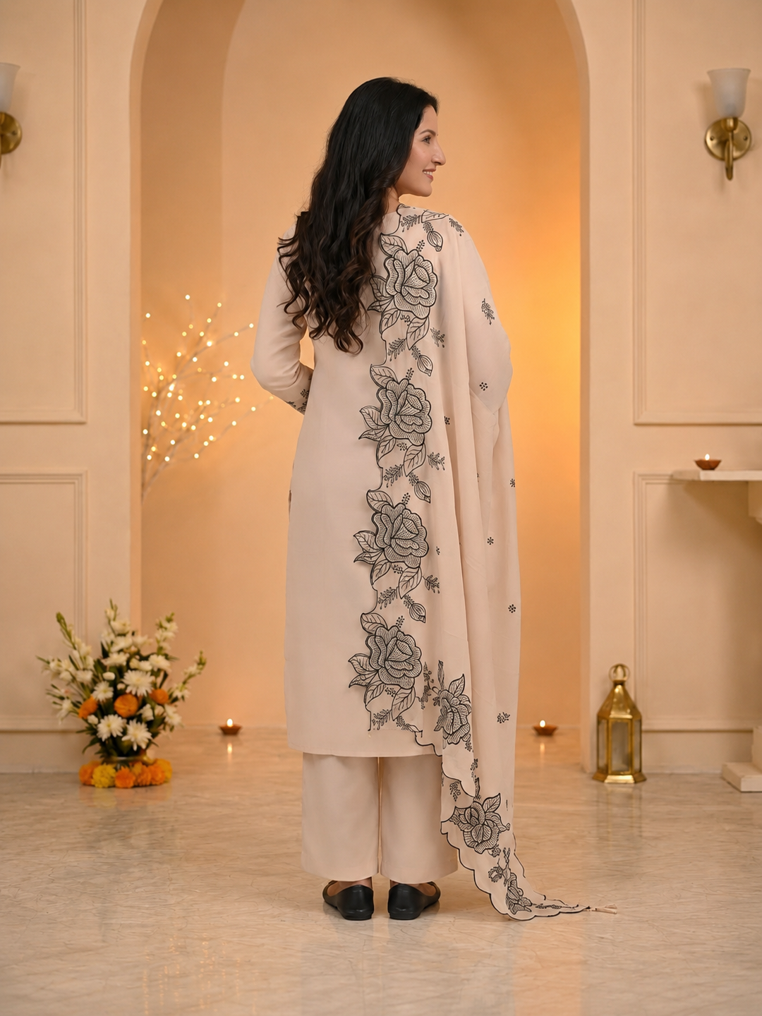 Taupe Solid Muslin Silk Straight Kurta Set with Floral Embroidered Yoke, Palazzo & Cutwork Dupatta