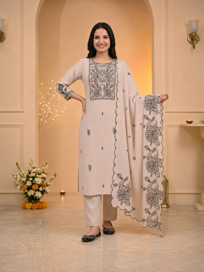 Taupe Solid Muslin Silk Straight Kurta Set with Floral Embroidered Yoke, Palazzo & Cutwork Dupatta