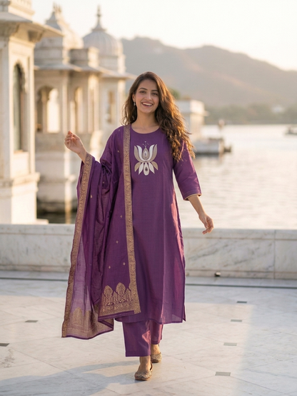 Plum Purple Solid Silk Blend A-Line Kurta Set with Floral Thread Embroidery, Mirror Work, Palazzo & Self-Design Dupatta