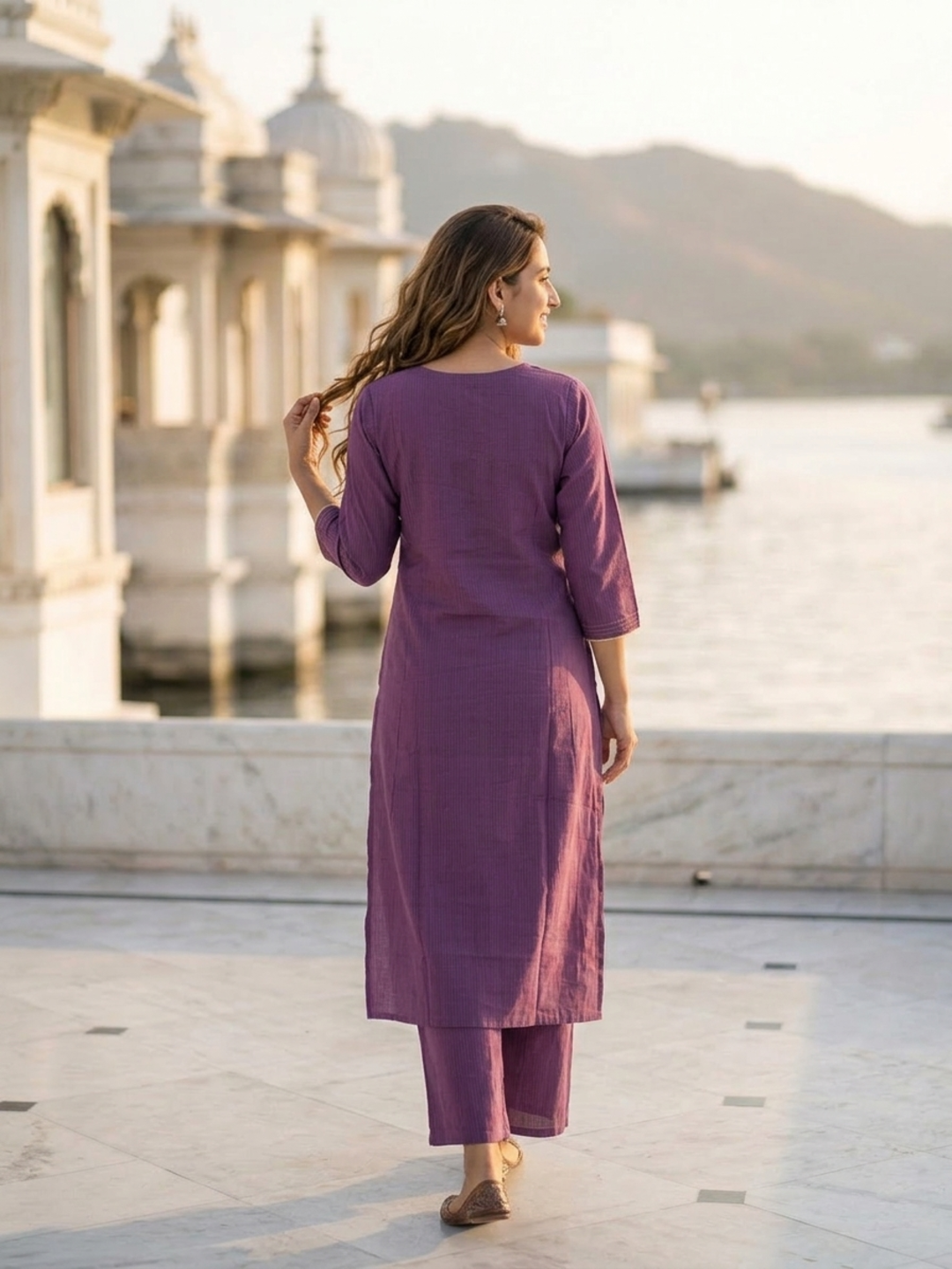 Plum Purple Solid Silk Blend A-Line Kurta Set with Floral Thread Embroidery, Mirror Work, Palazzo & Self-Design Dupatta