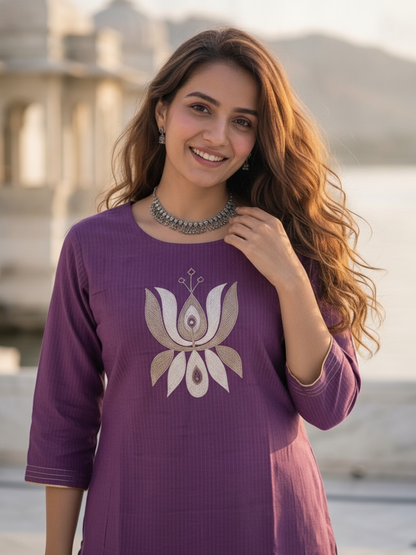 Plum Purple Solid Silk Blend A-Line Kurta Set with Floral Thread Embroidery, Mirror Work, Palazzo & Self-Design Dupatta