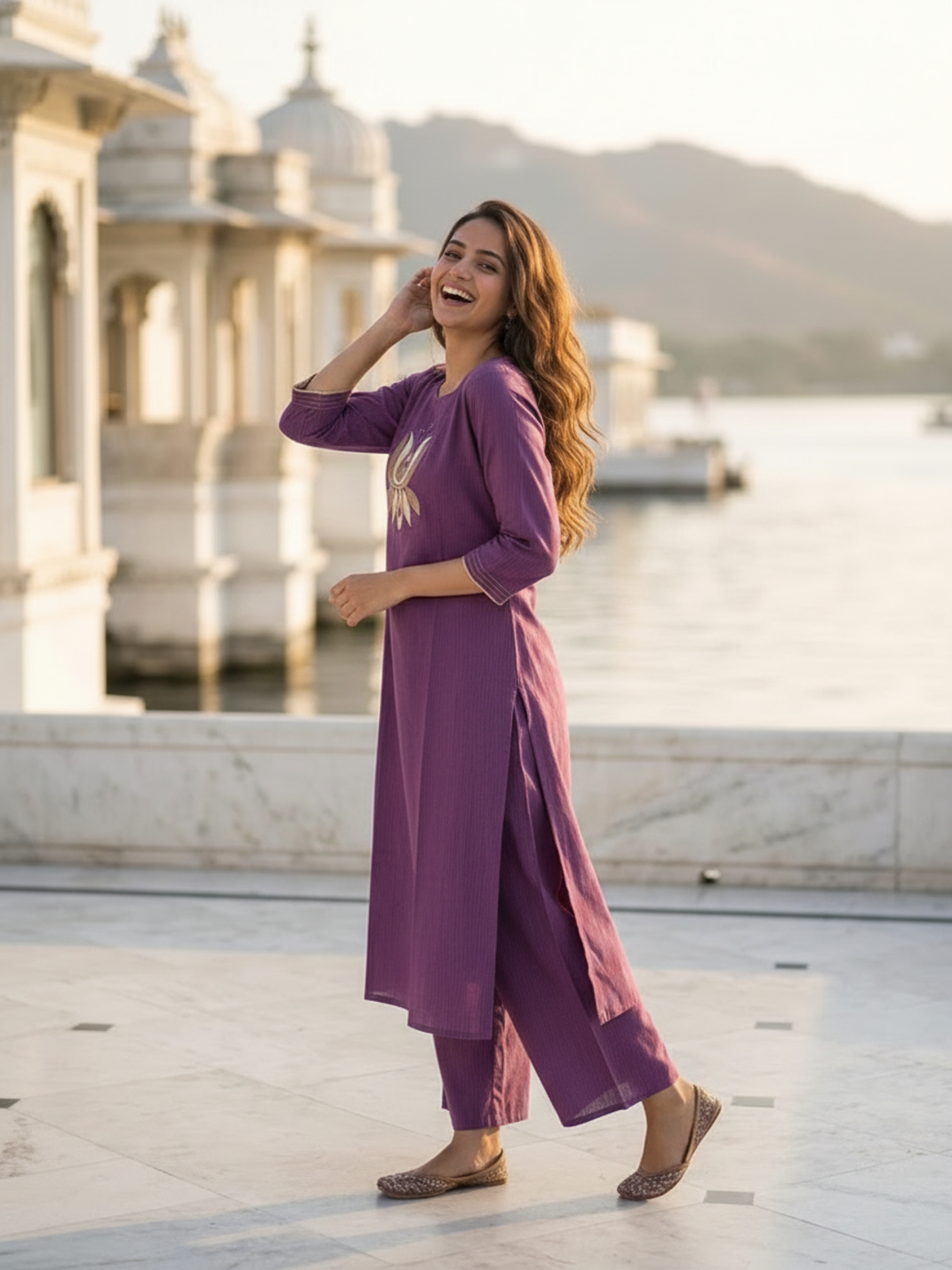 Plum Purple Solid Silk Blend A-Line Kurta Set with Floral Thread Embroidery, Mirror Work, Palazzo & Self-Design Dupatta
