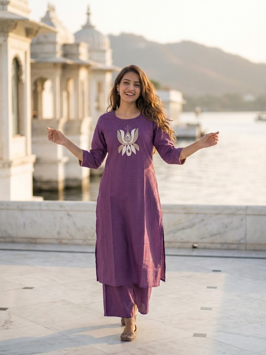 Plum Purple Solid Silk Blend A-Line Kurta Set with Floral Thread Embroidery, Mirror Work, Palazzo & Self-Design Dupatta