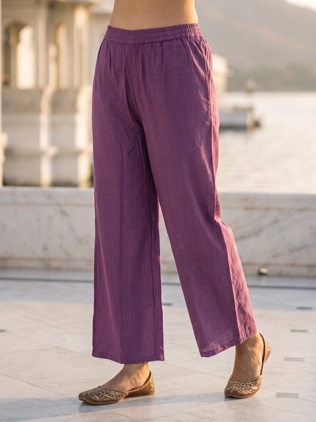 Plum Purple Solid Silk Blend A-Line Kurta Set with Floral Thread Embroidery, Mirror Work, Palazzo & Self-Design Dupatta