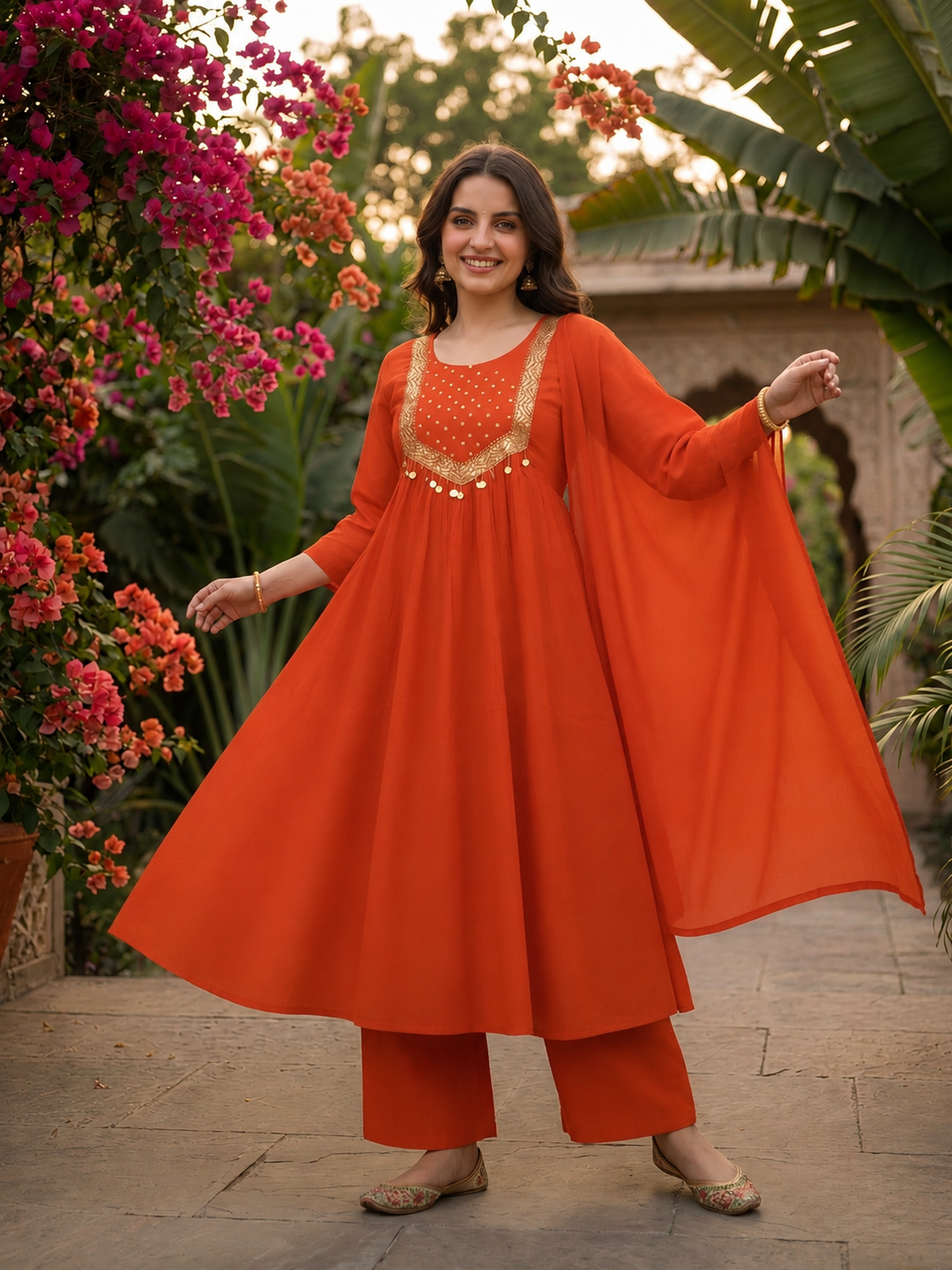 Rust Orange Solid Silk Blend A-Line Pleated Kurta Set with Hand Embroidery, Sequin Work, Pant & Tassel Dupatta