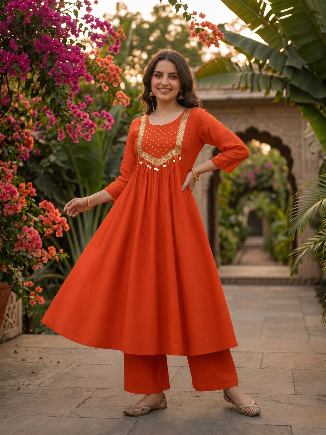 Rust Orange Solid Silk Blend A-Line Pleated Kurta Set with Hand Embroidery, Sequin Work, Pant & Tassel Dupatta