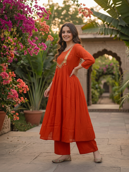 Rust Orange Solid Silk Blend A-Line Pleated Kurta Set with Hand Embroidery, Sequin Work, Pant & Tassel Dupatta