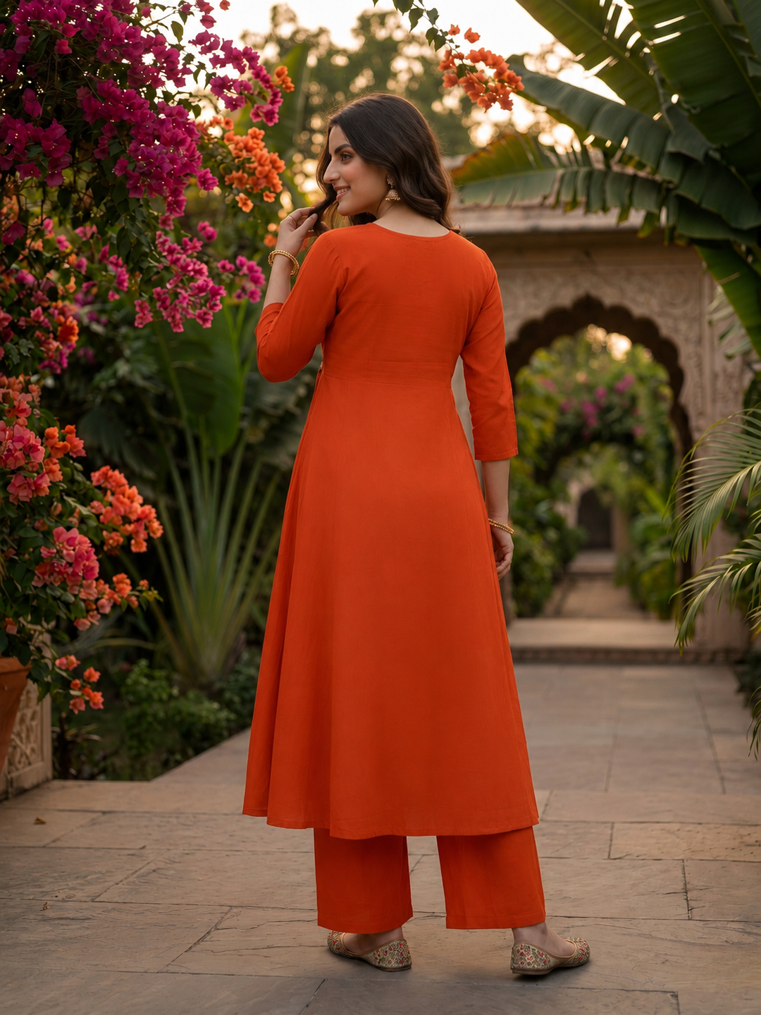 Rust Orange Solid Silk Blend A-Line Pleated Kurta Set with Hand Embroidery, Sequin Work, Pant & Tassel Dupatta