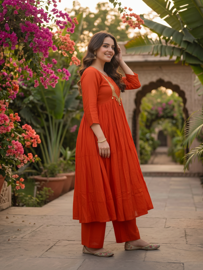 Rust Orange Solid Silk Blend A-Line Pleated Kurta Set with Hand Embroidery, Sequin Work, Pant & Tassel Dupatta
