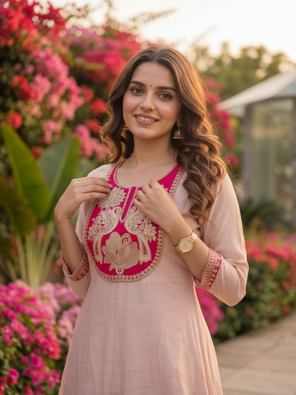 Blush Pink Solid Chanderi Silk Anarkali Kurta Set with Floral Embroidered Yoke, Pant & Woven Striped Dupatta