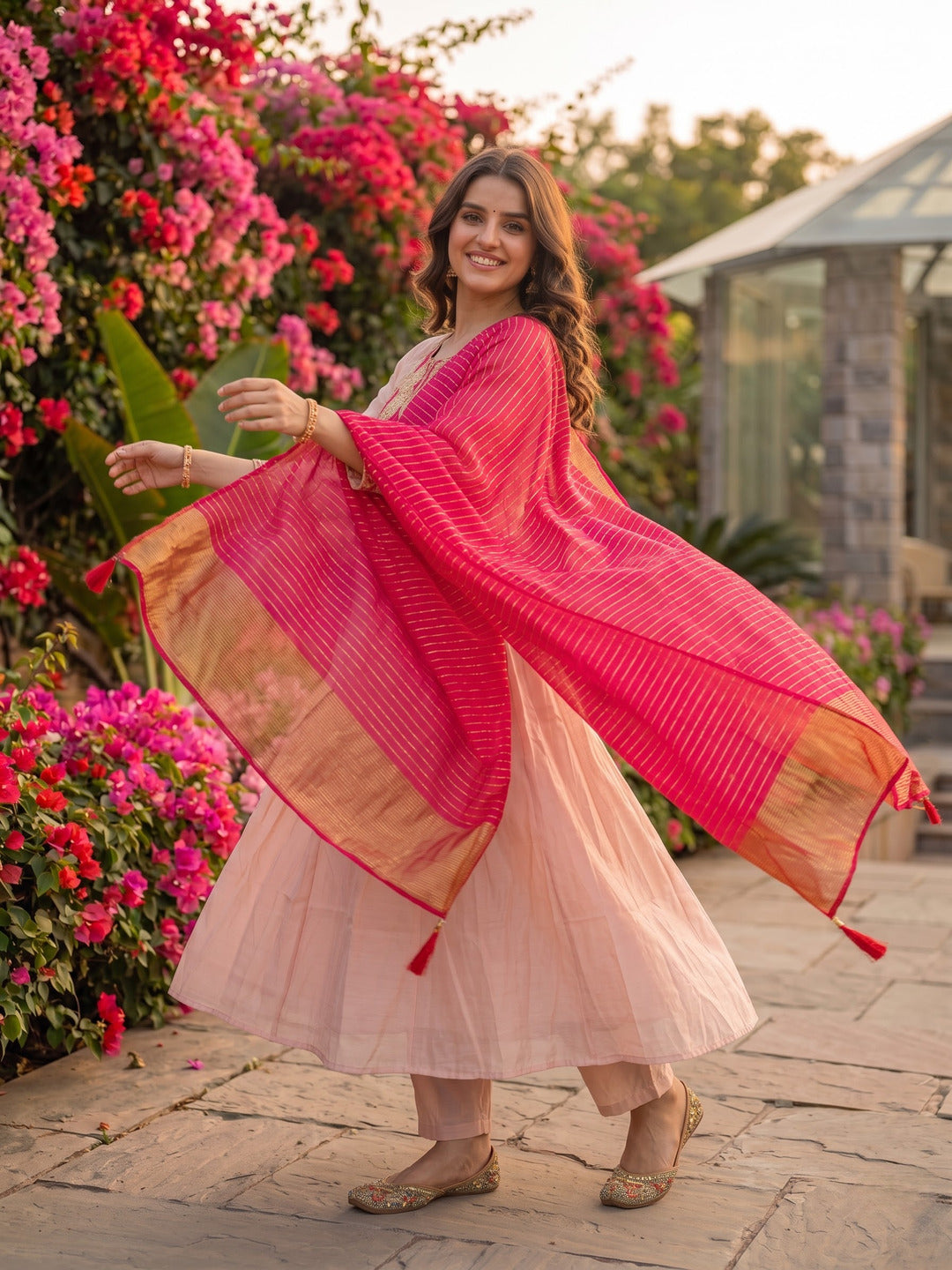 Blush Pink Solid Chanderi Silk Anarkali Kurta Set with Floral Embroidered Yoke, Pant & Woven Striped Dupatta