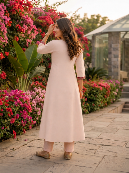 Blush Pink Solid Chanderi Silk Anarkali Kurta Set with Floral Embroidered Yoke, Pant & Woven Striped Dupatta