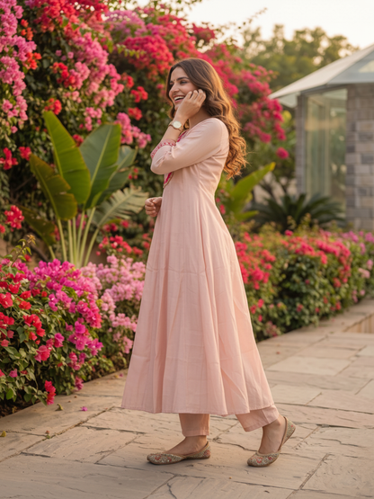Blush Pink Solid Chanderi Silk Anarkali Kurta Set with Floral Embroidered Yoke, Pant & Woven Striped Dupatta