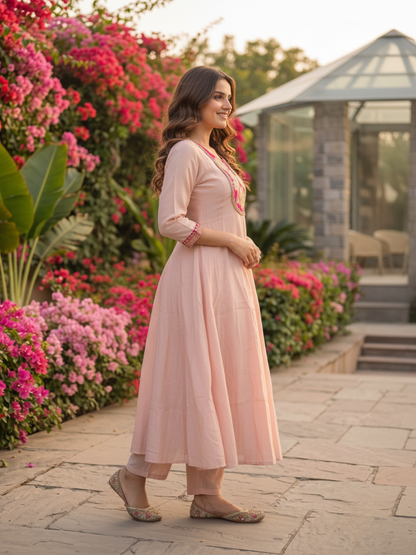 Blush Pink Solid Chanderi Silk Anarkali Kurta Set with Floral Embroidered Yoke, Pant & Woven Striped Dupatta