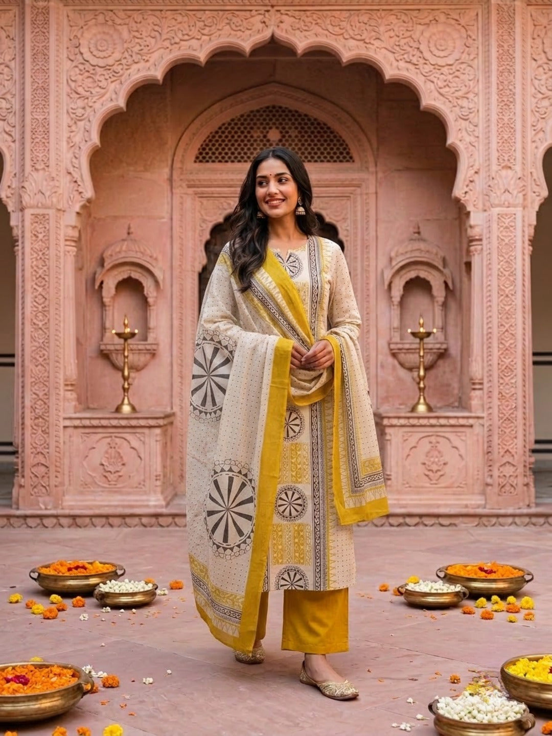 Mustard Ethnic Floral Print Cotton A-Line Kurta Set with Mirror Work, Palazzo & Grey Printed Dupatta