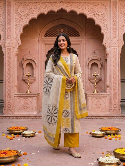 Mustard Ethnic Floral Print Cotton A-Line Kurta Set with Mirror Work, Palazzo & Grey Printed Dupatta