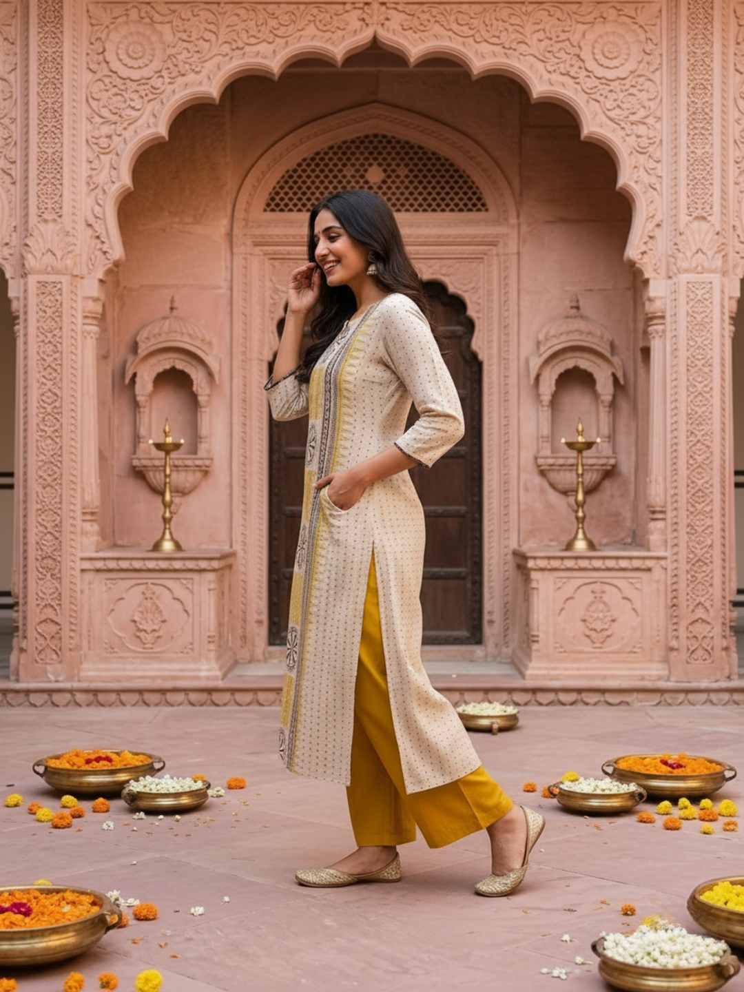 Mustard Ethnic Floral Print Cotton A-Line Kurta Set with Mirror Work, Palazzo & Grey Printed Dupatta