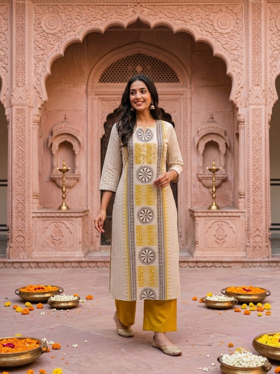 Mustard Ethnic Floral Print Cotton A-Line Kurta Set with Mirror Work, Palazzo & Grey Printed Dupatta