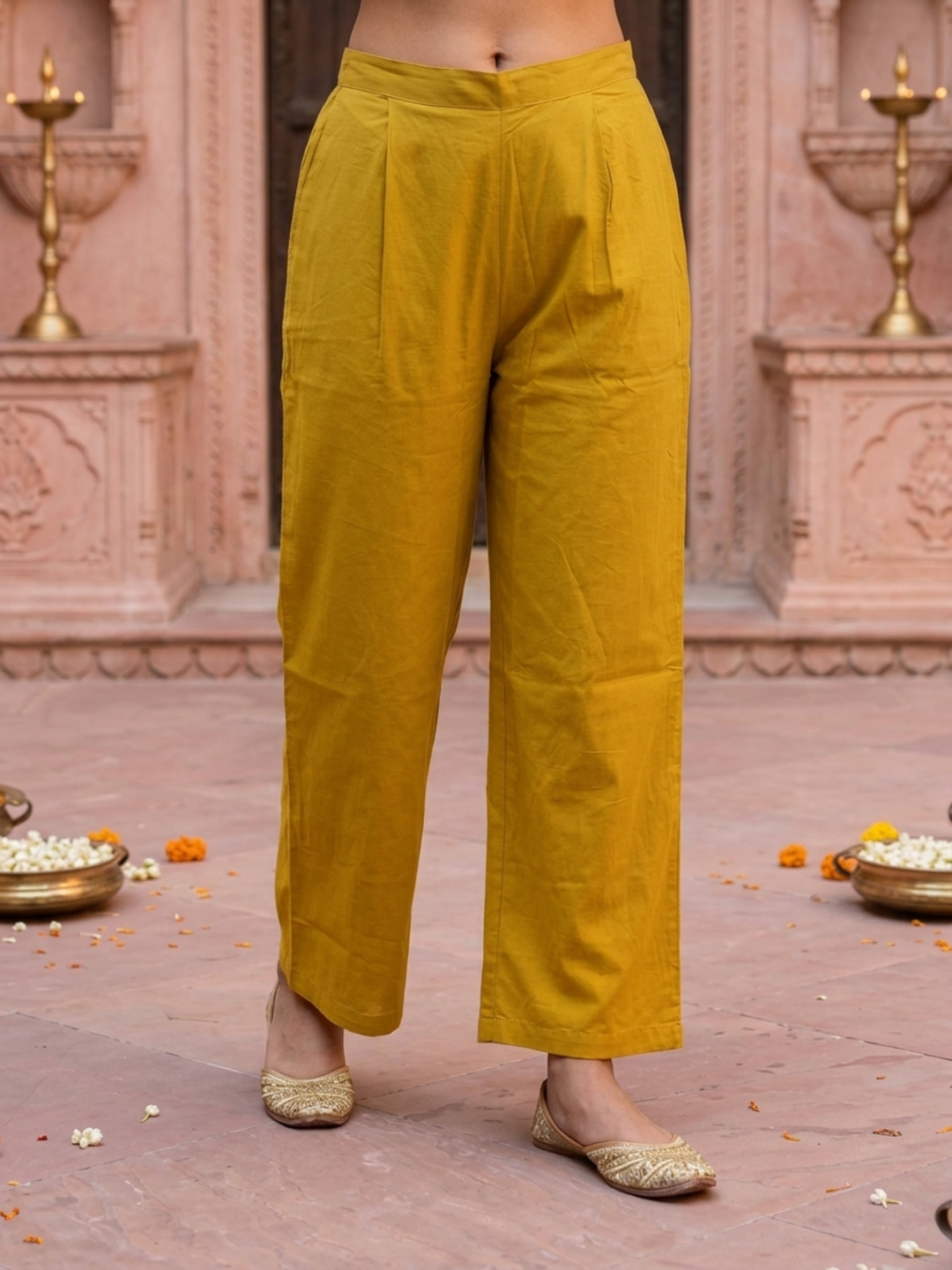 Mustard Ethnic Floral Print Cotton A-Line Kurta Set with Mirror Work, Palazzo & Grey Printed Dupatta