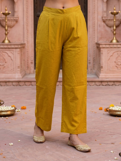 Mustard Ethnic Floral Print Cotton A-Line Kurta Set with Mirror Work, Palazzo & Grey Printed Dupatta