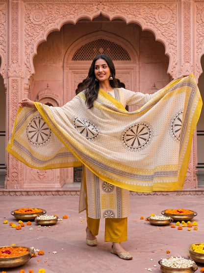 Mustard Ethnic Floral Print Cotton A-Line Kurta Set with Mirror Work, Palazzo & Grey Printed Dupatta