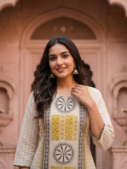 Mustard Ethnic Floral Print Cotton A-Line Kurta Set with Mirror Work, Palazzo & Grey Printed Dupatta