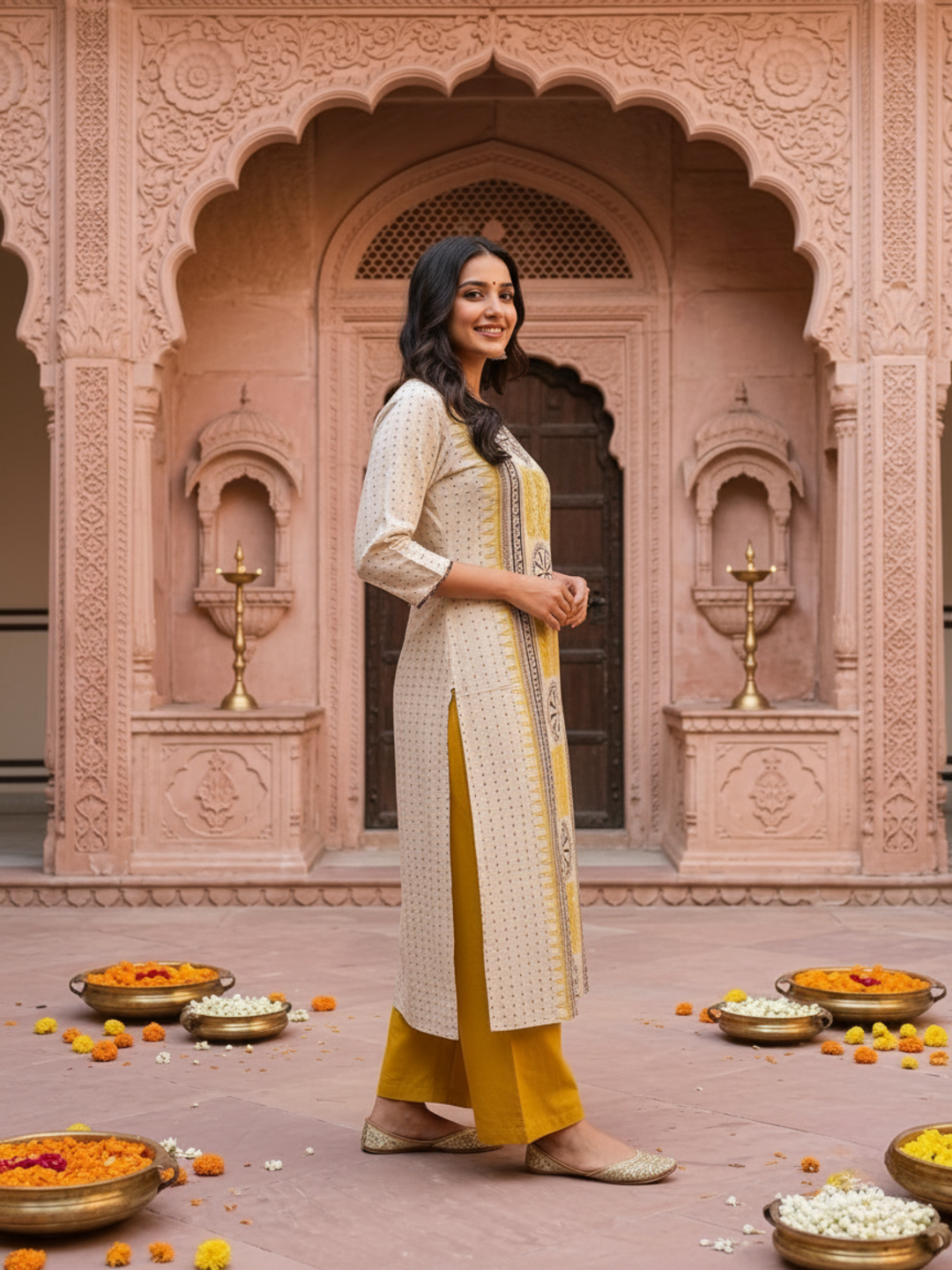 Mustard Ethnic Floral Print Cotton A-Line Kurta Set with Mirror Work, Palazzo & Grey Printed Dupatta