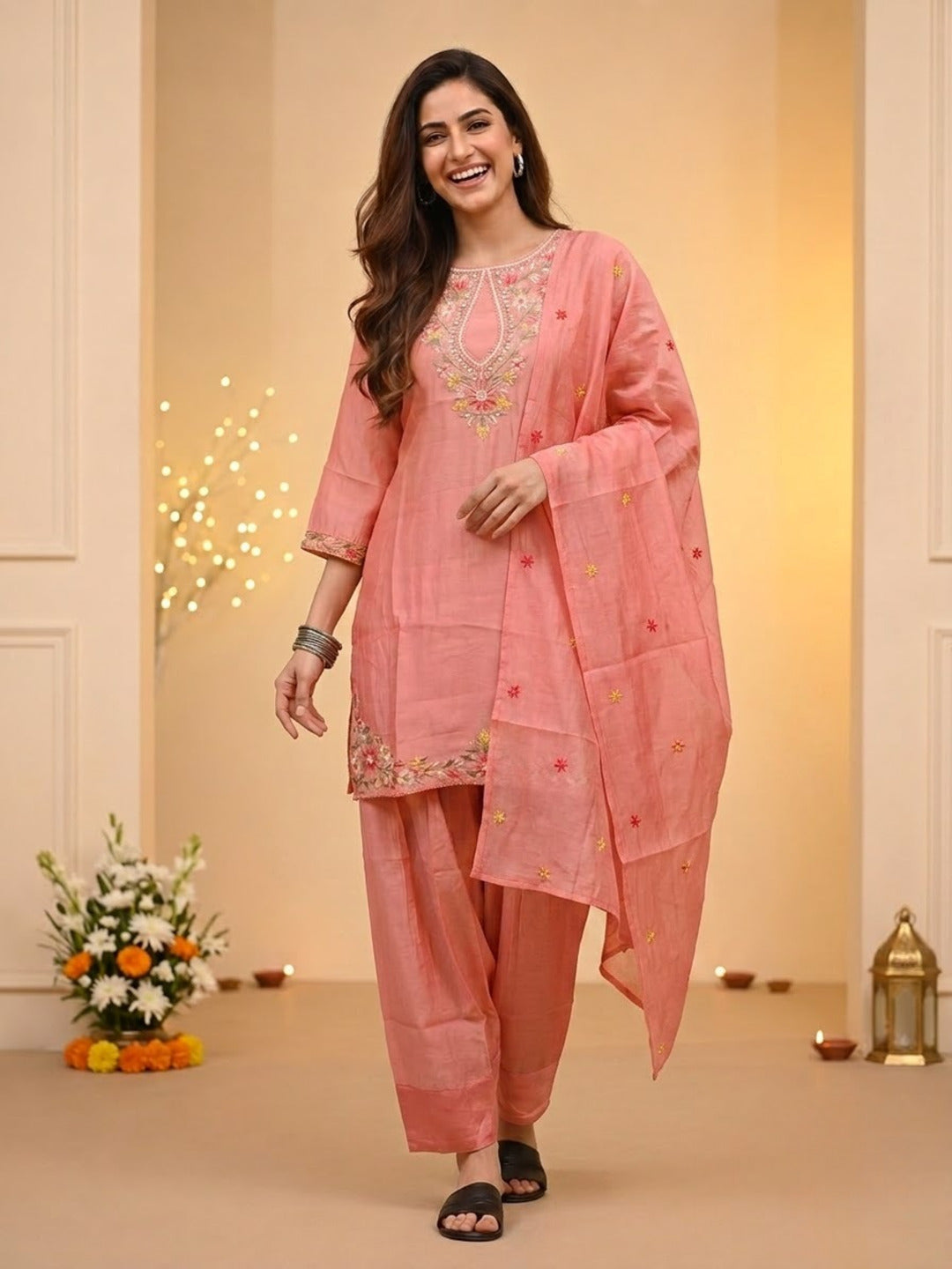 Blush Pink Solid Chanderi Silk Straight Kurta Set with Floral Thread Embroidery, Salwar & Embroidered Dupatta