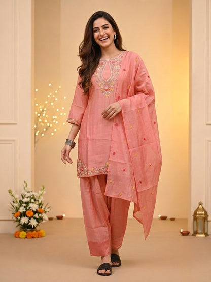 Blush Pink Solid Chanderi Silk Straight Kurta Set with Floral Thread Embroidery, Salwar & Embroidered Dupatta