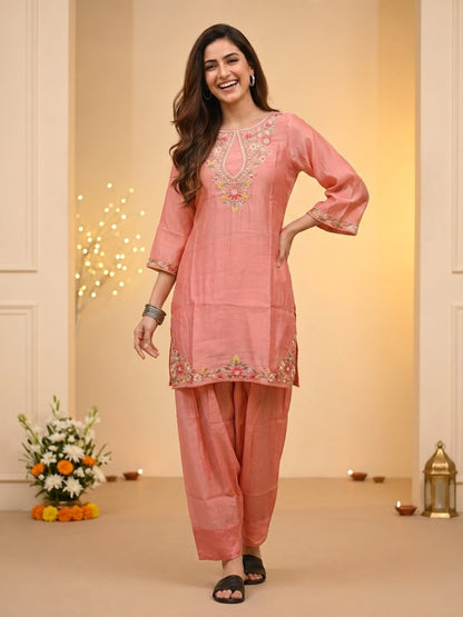 Blush Pink Solid Chanderi Silk Straight Kurta Set with Floral Thread Embroidery, Salwar & Embroidered Dupatta