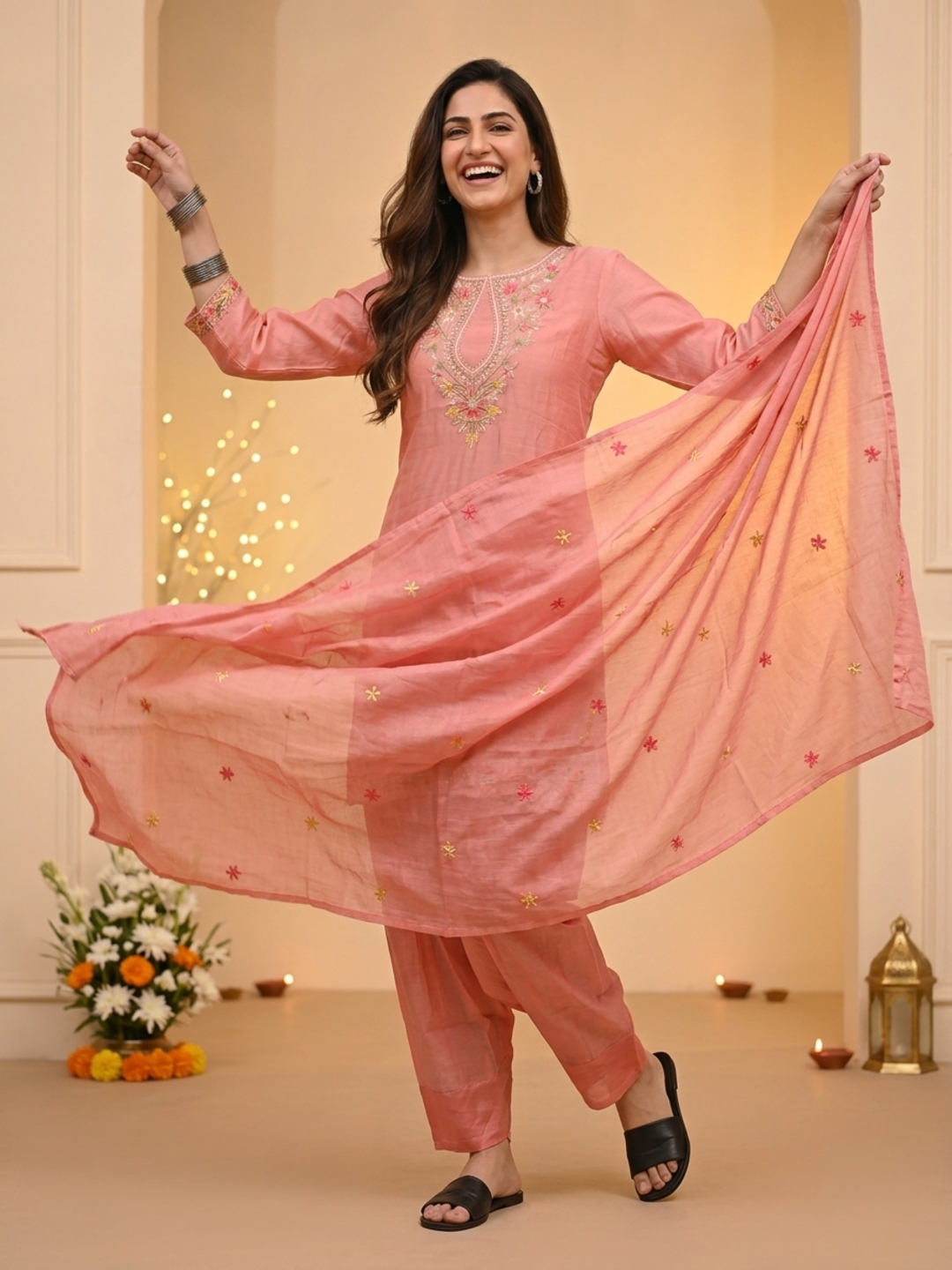 Blush Pink Solid Chanderi Silk Straight Kurta Set with Floral Thread Embroidery, Salwar & Embroidered Dupatta