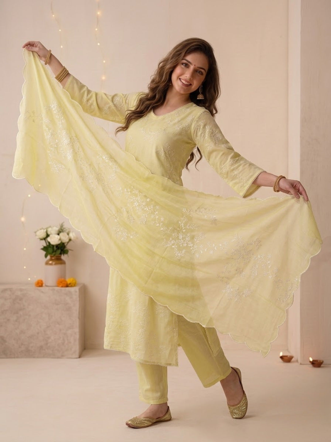 Yellow Solid Muslin Silk A-Line Kurta Set with Floral Thread Embroidery, Pant & Embroidered Dupatta