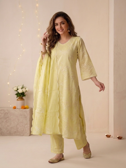 Yellow Solid Muslin Silk A-Line Kurta Set with Floral Thread Embroidery, Pant & Embroidered Dupatta