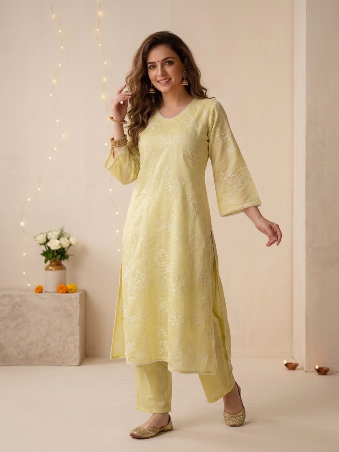 Yellow Solid Muslin Silk A-Line Kurta Set with Floral Thread Embroidery, Pant & Embroidered Dupatta