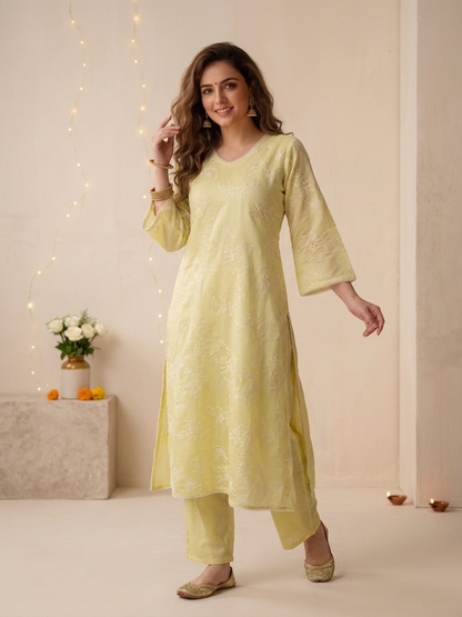 Yellow Solid Muslin Silk A-Line Kurta Set with Floral Thread Embroidery, Pant & Embroidered Dupatta