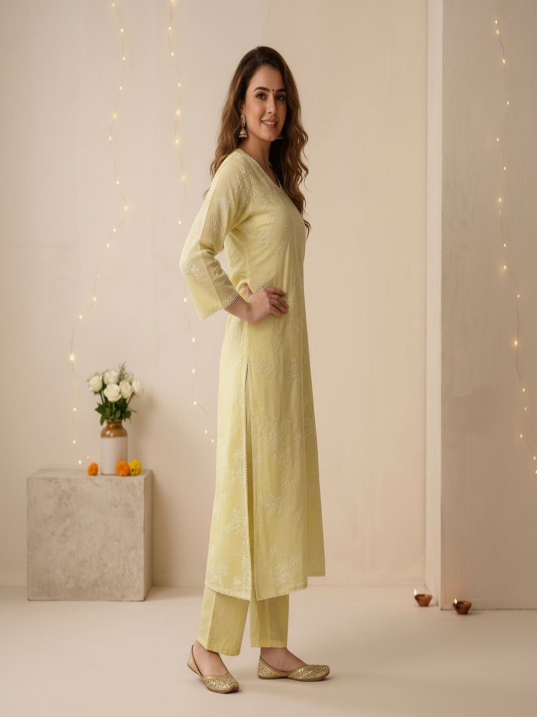 Yellow Solid Muslin Silk A-Line Kurta Set with Floral Thread Embroidery, Pant & Embroidered Dupatta