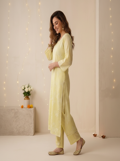 Yellow Solid Muslin Silk A-Line Kurta Set with Floral Thread Embroidery, Pant & Embroidered Dupatta