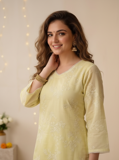 Yellow Solid Muslin Silk A-Line Kurta Set with Floral Thread Embroidery, Pant & Embroidered Dupatta