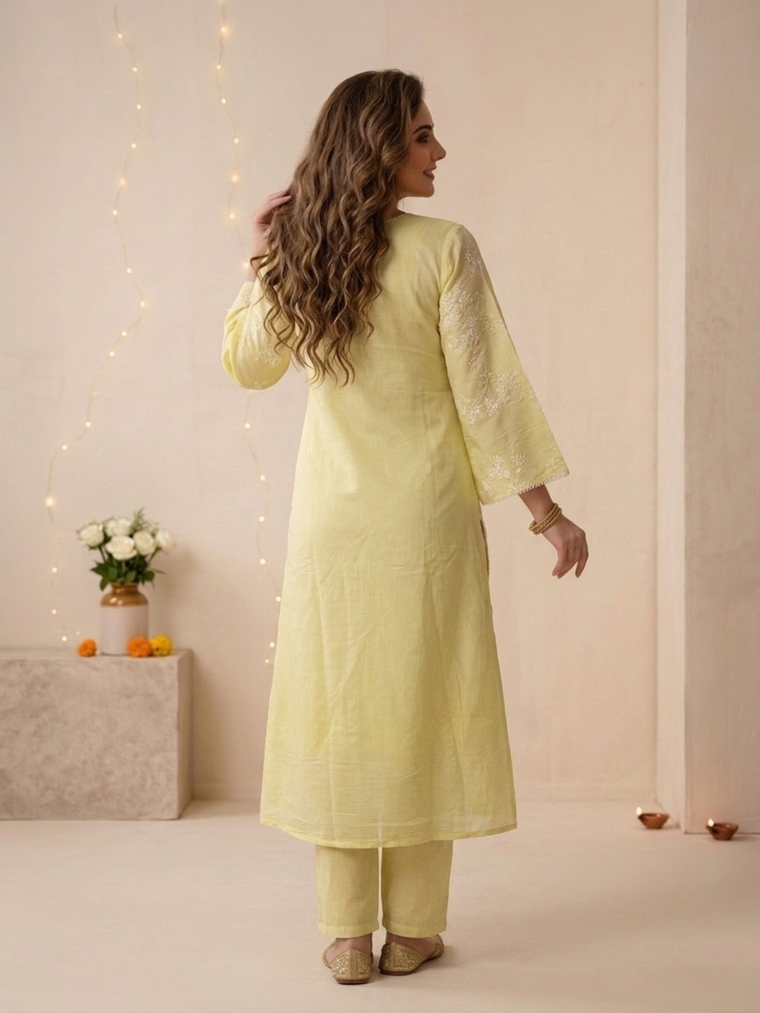Yellow Solid Muslin Silk A-Line Kurta Set with Floral Thread Embroidery, Pant & Embroidered Dupatta