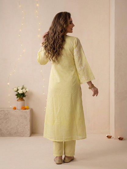 Yellow Solid Muslin Silk A-Line Kurta Set with Floral Thread Embroidery, Pant & Embroidered Dupatta